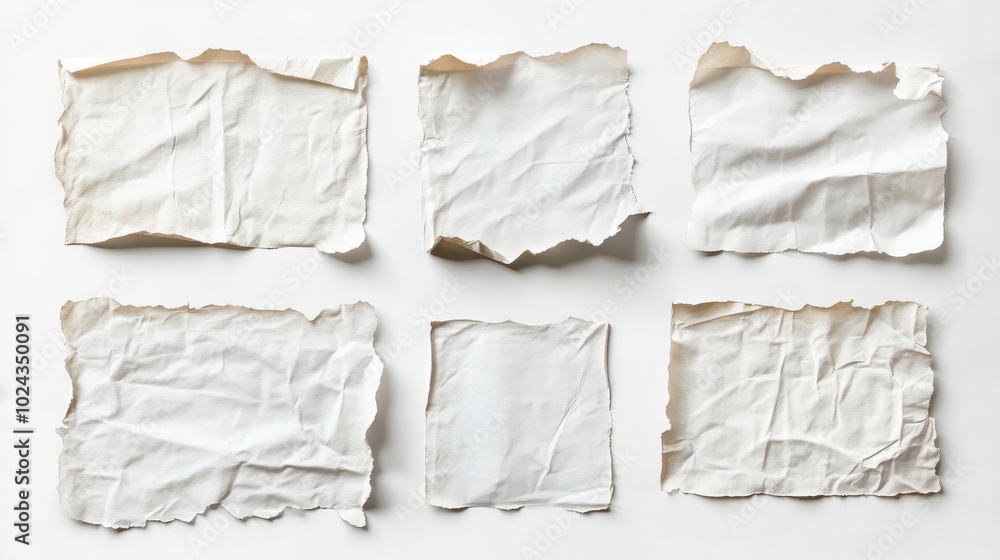 Collection set of white paper parchment, old torn burnt crumple rip edges on white background Collection set of white paper parchment, old torn burnt crumple rip edges on white background
