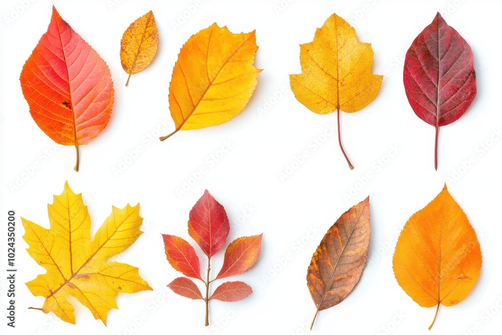 Fototapeta premium Collection set of yellow orange red autumn leaf leaves on white background