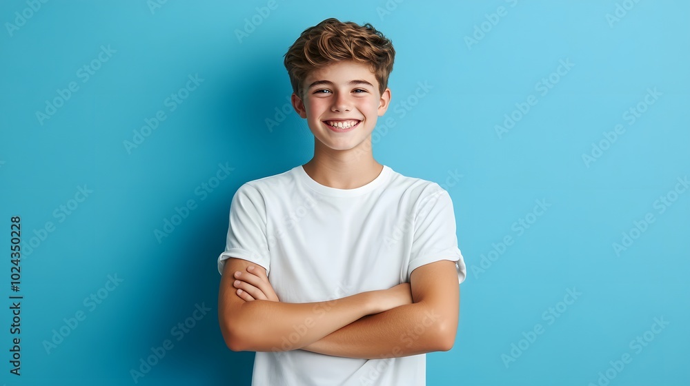 4. A teenage boy with a confident grin, arms crossed and a playful glint in his eyes, against a solid blue background. 4. A teenage boy with a confident grin, arms crossed and a playful glint in his eyes, against a solid blue background.