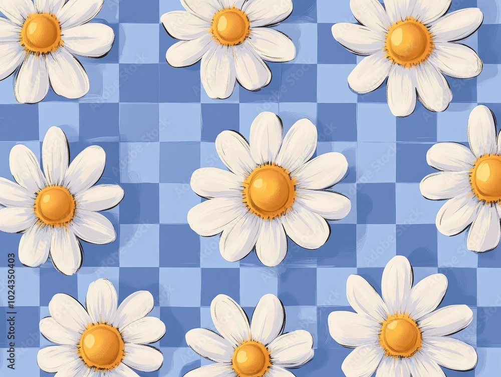 1970s Retro Daisy Seamless Pattern on a Blue Checkered Background Hippie Aesthetic Hand Drawn 2D Cartoon Illustration Flat Design Ideal for Kids Graphics Covers or Stickers 1970s Retro Daisy Seamless Pattern on a Blue Checkered Background Hippie Aesthetic Hand Drawn 2D Cartoon Illustration Flat Design Ideal for Kids Graphics Covers or Stickers