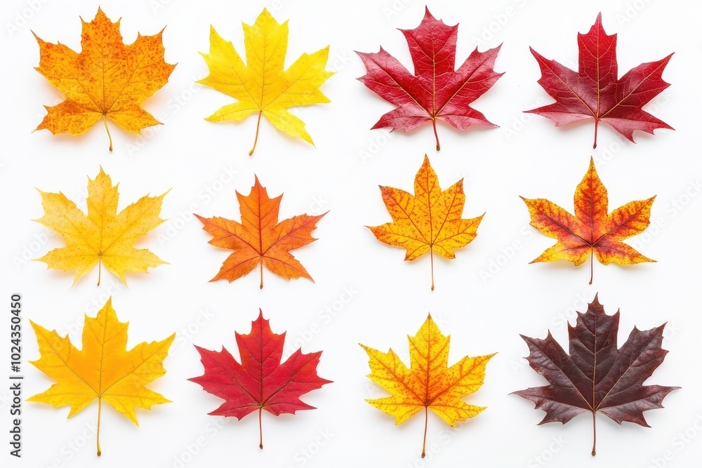 Collection set of yellow orange red maroon autumn fall maple leaf leaves on white Collection set of yellow orange red maroon autumn fall maple leaf leaves on white