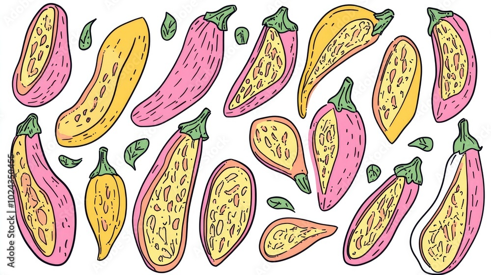 Collection of sliced eggplants on a white backdrop Collection of sliced eggplants on a white backdrop