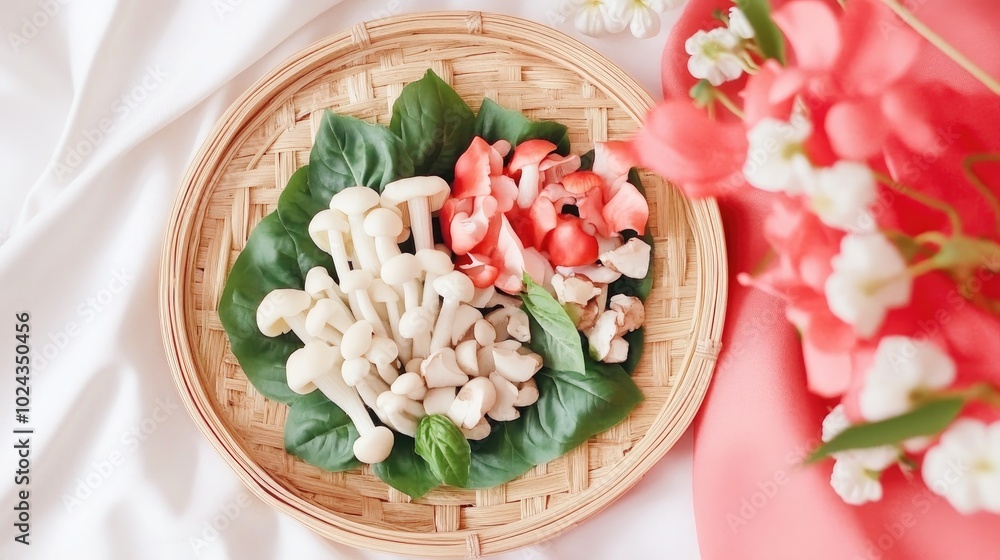 An assortment of wild mushrooms and basil arranged on a plate atop a brown bamboo tray An assortment of wild mushrooms and basil arranged on a plate atop a brown bamboo tray