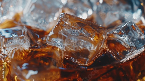 Close up of a glass filled with whiskey or rum over ice highlighting the rich color and texture of the beverage