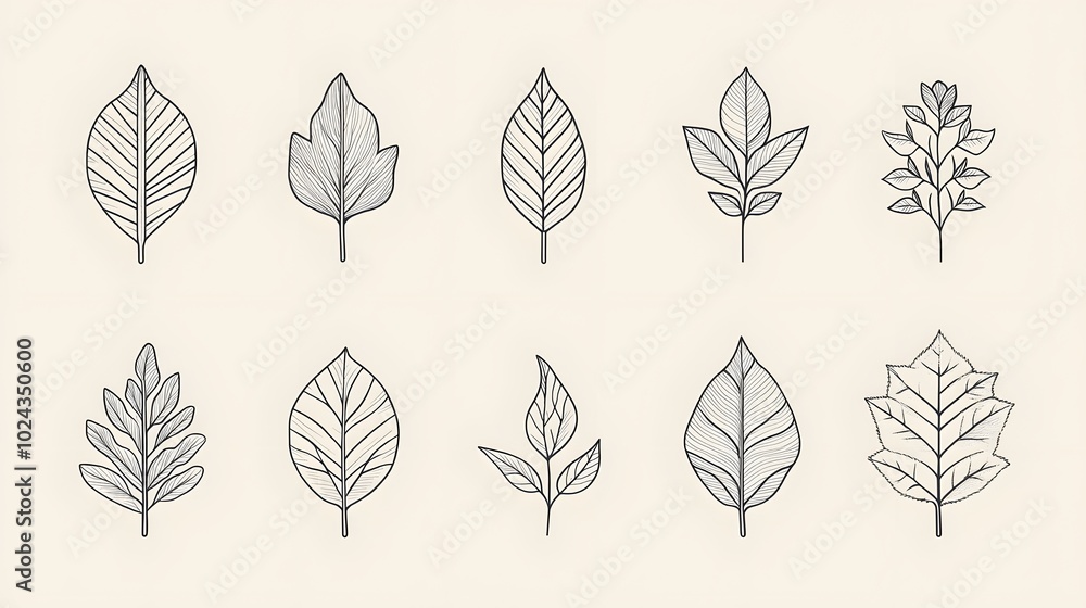 Fototapeta premium A Collection of Eight Line Drawings of Leaves and Branches