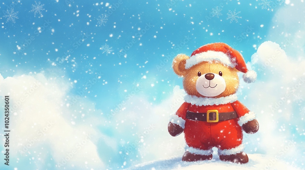 Cartoon illustration of a teddy bear dressed as Santa Claus amidst snowfall perfect for Christmas and New Year festival decorations Cartoon illustration of a teddy bear dressed as Santa Claus amidst snowfall perfect for Christmas and New Year festival decorations
