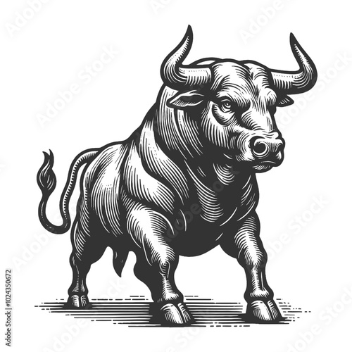 muscular bull in mid-charge, capturing strength, aggression, and motion in a bold style sketch engraving generative ai vector illustration. Scratch board imitation. Black and white image.