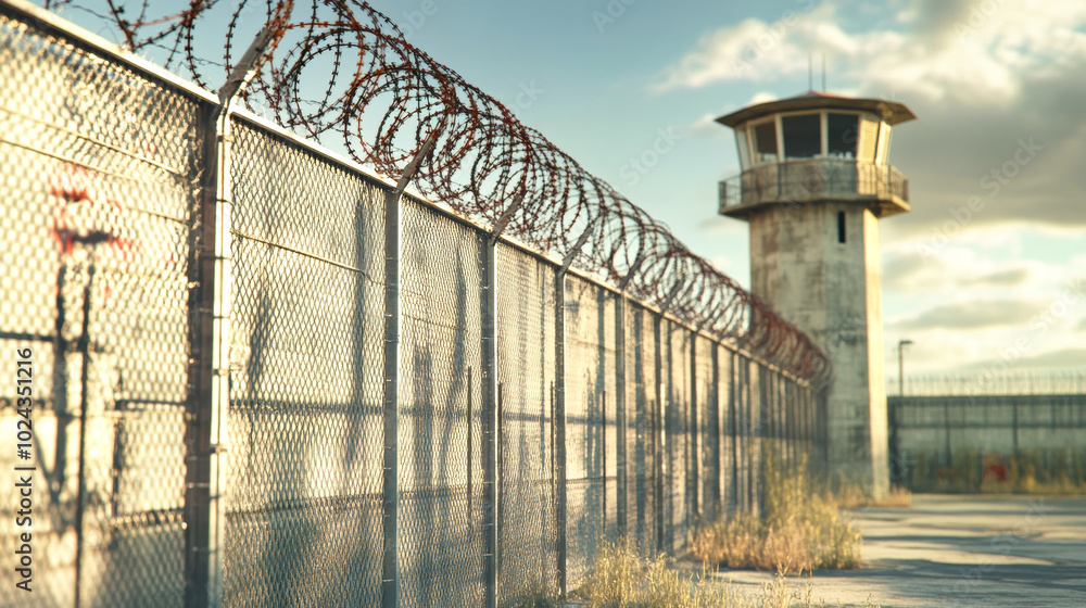 Fototapeta premium A high-security prison entrance with a barbed wire fence and imposing guard tower under a cloudy sky at dusk