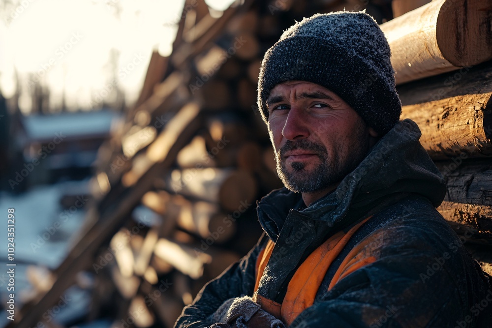 A rugged man in warm clothing stands beside a stack of logs, gazing thoughtfully as the sun sets in a remote, wooded area. A rugged man in warm clothing stands beside a stack of logs, gazing thoughtfully as the sun sets in a remote, wooded area.