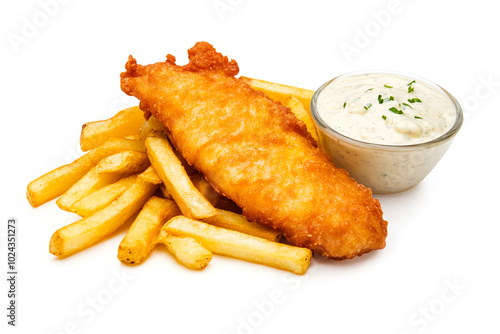 Breaded chicken with french fries and white garlic sauce on white background