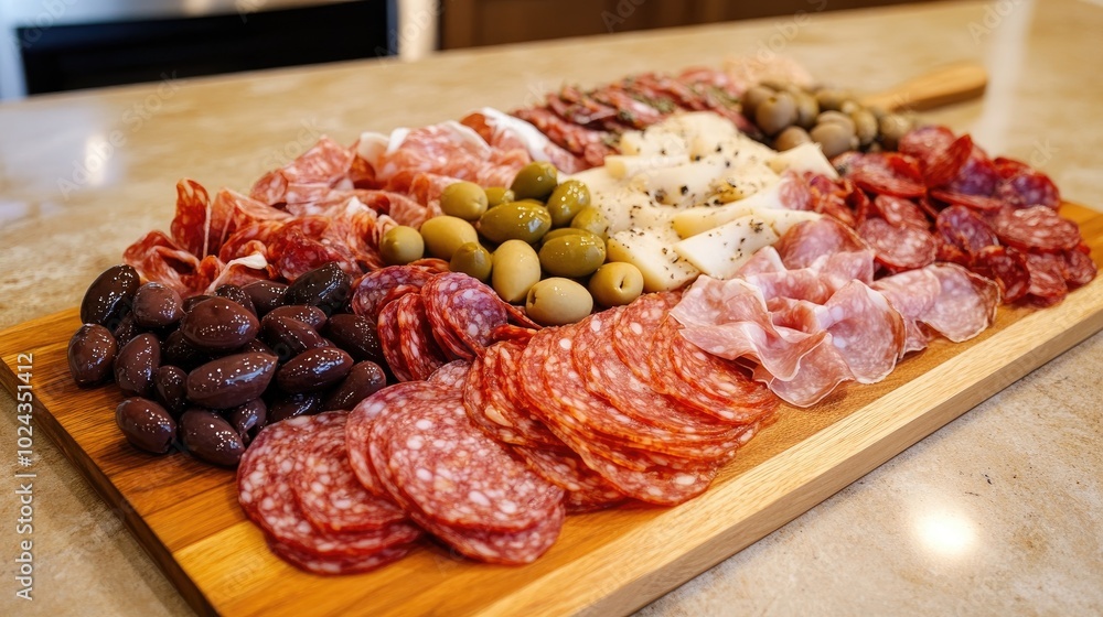 Antipasti Meat Platter Featuring Salami Prosciutto and Olives on a Charcuterie Board