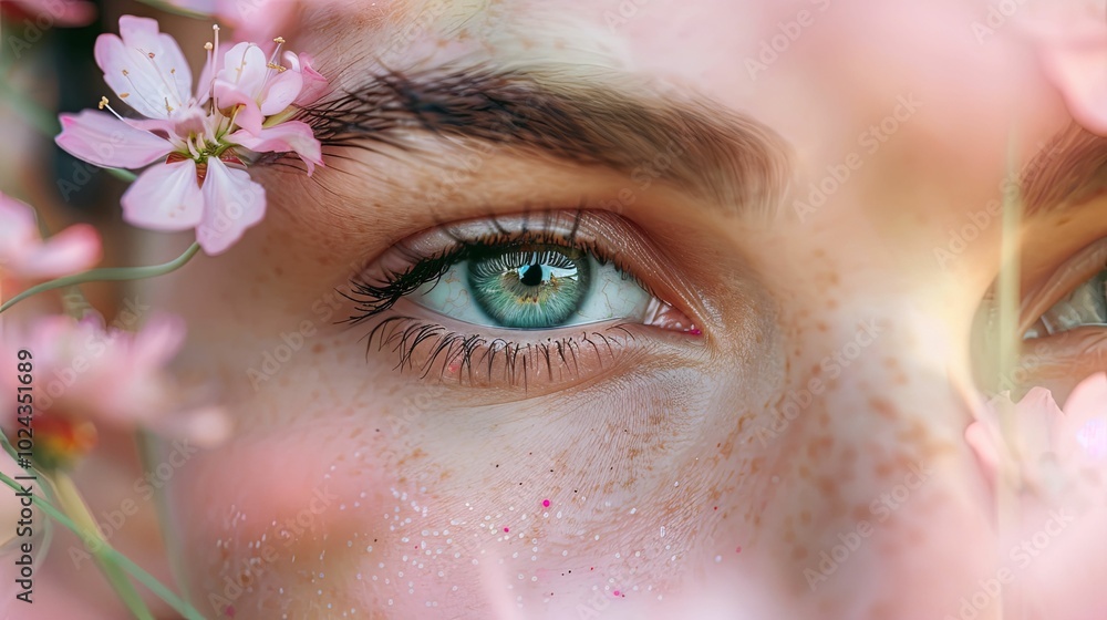 Close-up of a Blue Eye with Pink Flowers in the Foreground Close-up of a Blue Eye with Pink Flowers in the Foreground
