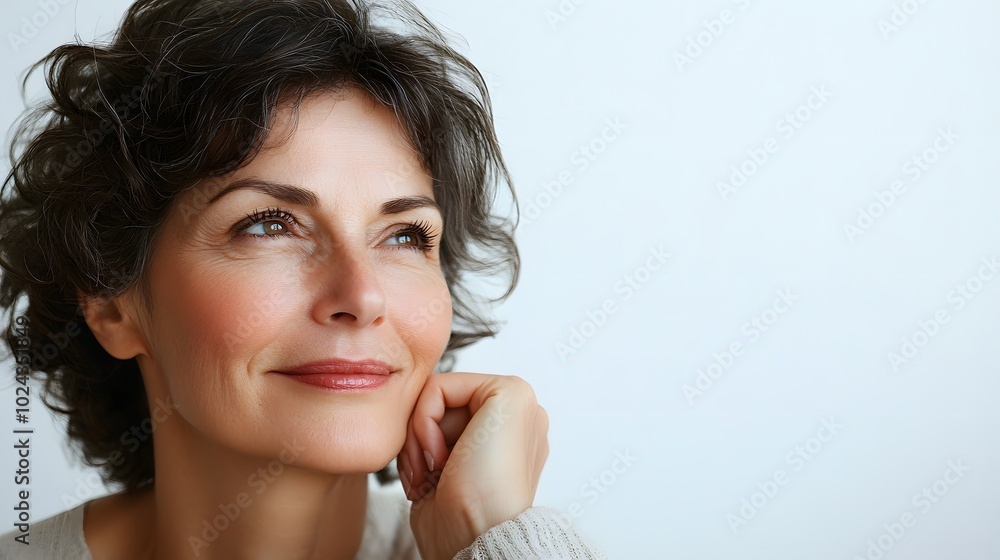 8. A mature woman with a contemplative expression, gently smiling while looking off-camera, against a clean white background. 8. A mature woman with a contemplative expression, gently smiling while looking off-camera, against a clean white background.