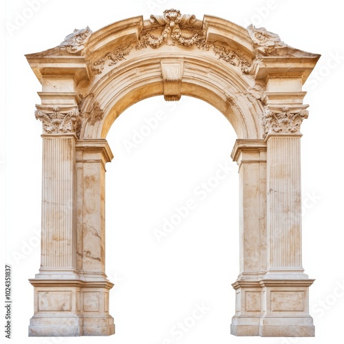 A classical stone archway featuring intricate carvings and columns.