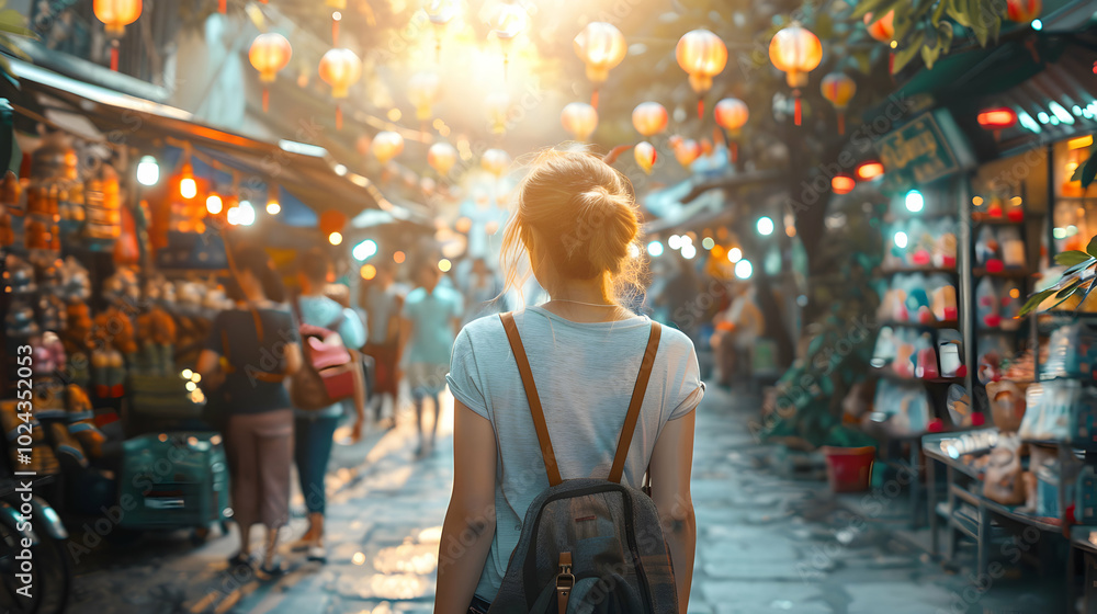 Fototapeta premium Backpacker Walking Through City Street 