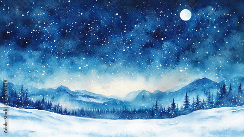 Captivating winter solstice night sky with stars and moon over serene snow-covered mountains photo