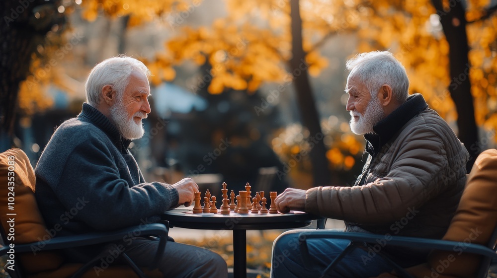 Two men playing chess in a park Two men playing chess in a park