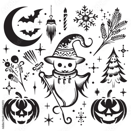 Halloween clip art set showcasing various spooky elements like witches, skeletons, and festive decorations