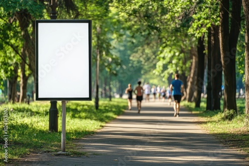 Fototapeta Naklejka Na Ścianę i Meble -  Blank billboard in park with joggers on a tree-lined path