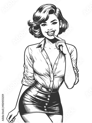 Playful smiling beautiful young woman flirty biting her little finger sketch engraving generative ai fictional character vector illustration. Scratch board imitation. Black and white image.