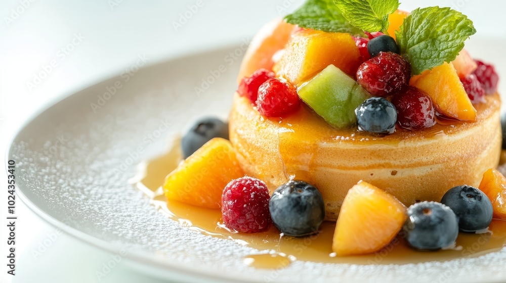 honey pancake on a white plate with fresh fruits topping honey pancake on a white plate with fresh fruits topping
