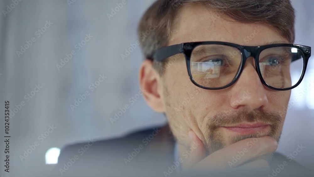 Businessman with glasses looking intently obscured partially by a translucent surface of laptop. Business concept Businessman with glasses looking intently obscured partially by a translucent surface of laptop. Business concept
