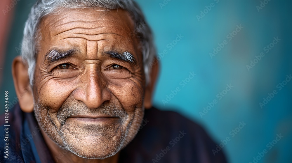 100. An elderly man with a wise smile, eyes crinkling in kindness, against a muted blue background. 100. An elderly man with a wise smile, eyes crinkling in kindness, against a muted blue background.