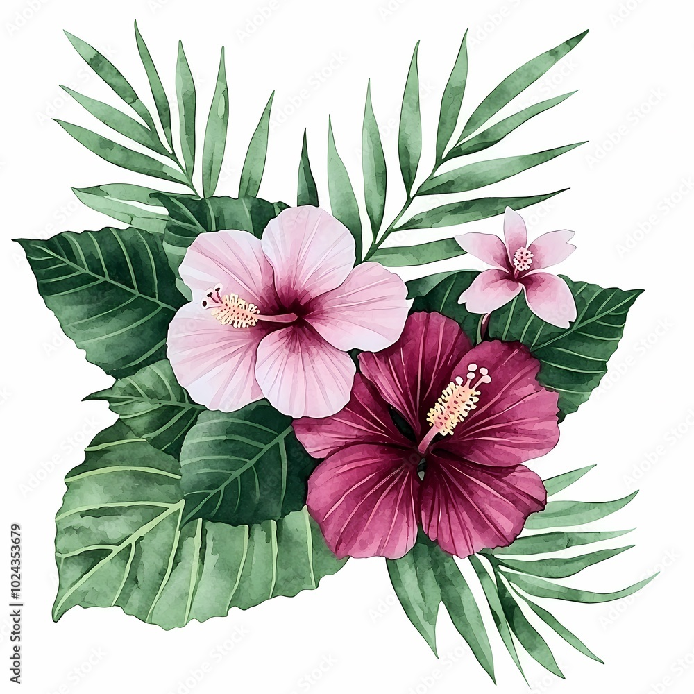 Obraz premium Tropical Watercolor Floral Arrangement with Hibiscus