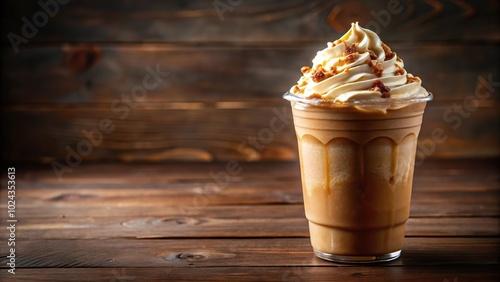 Sweet and indulgent frappuccino drink with caramel sauce and whipped cream photo