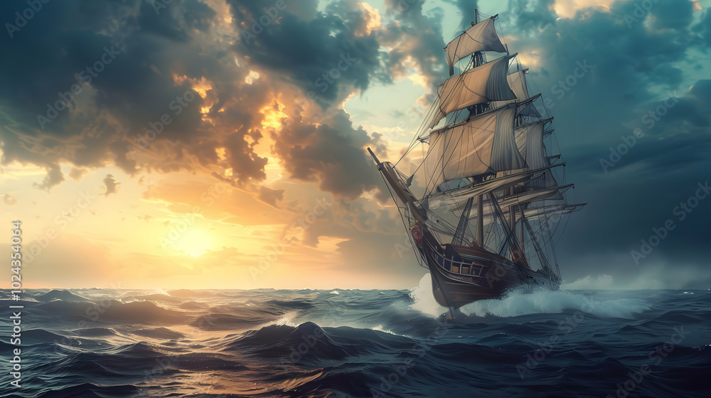 Fototapeta premium Classic Sailing Ship on Calm Waters at Sunset 