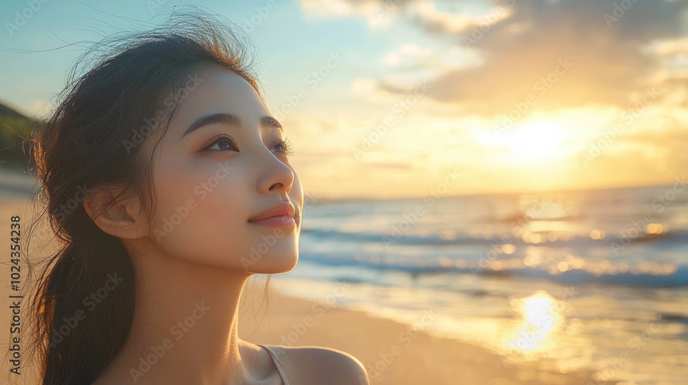 Serene Asian Woman Contemplating the Ocean Horizon on a Tranquil Sandy Beach Serene Asian Woman Contemplating the Ocean Horizon on a Tranquil Sandy Beach