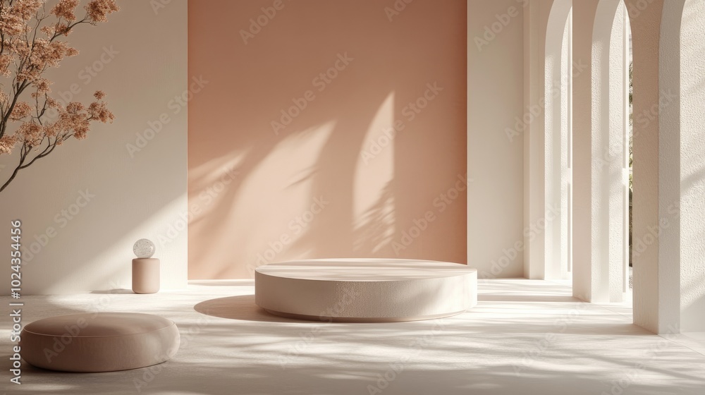 3D Render of a soft colored podium in a minimalist studio setting featuring a round pedestal and ample copy space for product presentation 3D Render of a soft colored podium in a minimalist studio setting featuring a round pedestal and ample copy space for product presentation