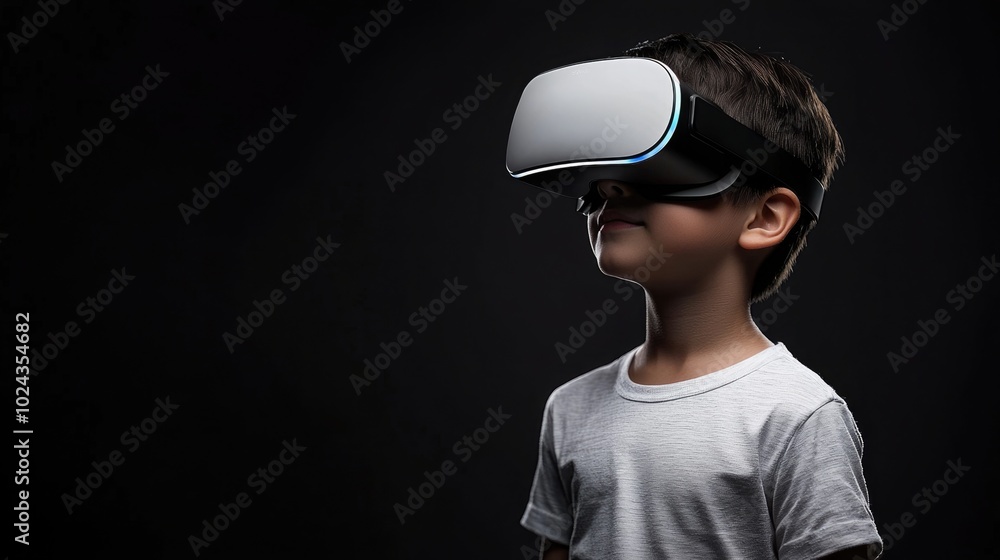 Immersed in the Game: Young Asian Boy Enjoying Virtual Reality Experience in Isolation on Black Background Immersed in the Game: Young Asian Boy Enjoying Virtual Reality Experience in Isolation on Black Background
