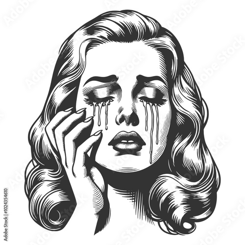 crying woman with tears and smudged mascara streaming down her face, deep sadness and emotion sketch engraving generative ai vector illustration. Scratch board imitation. Black and white image.