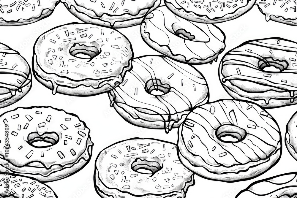 Coloring book illustration featuring a variety of sticky donuts showcasing different sizes and shapes A delightful pattern of organic doughnuts for coloring enjoyment Coloring book illustration featuring a variety of sticky donuts showcasing different sizes and shapes A delightful pattern of organic doughnuts for coloring enjoyment