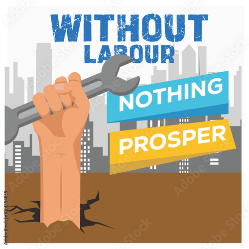 Hand holding a wrench. Labor Day celebration with city buildings silhouettes. Labor Day concept. Flat vector illustration.
