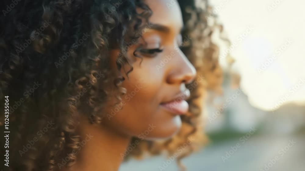 Peaceful woman with curly hair enjoying a sunset moment Peaceful woman with curly hair enjoying a sunset moment