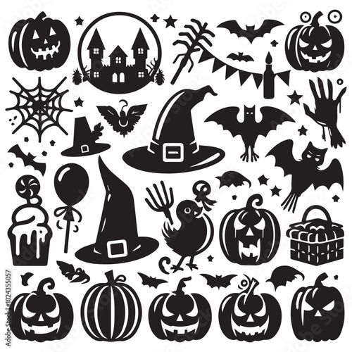 Halloween clip art set showcasing various spooky elements like witches, skeletons, and festive decorations