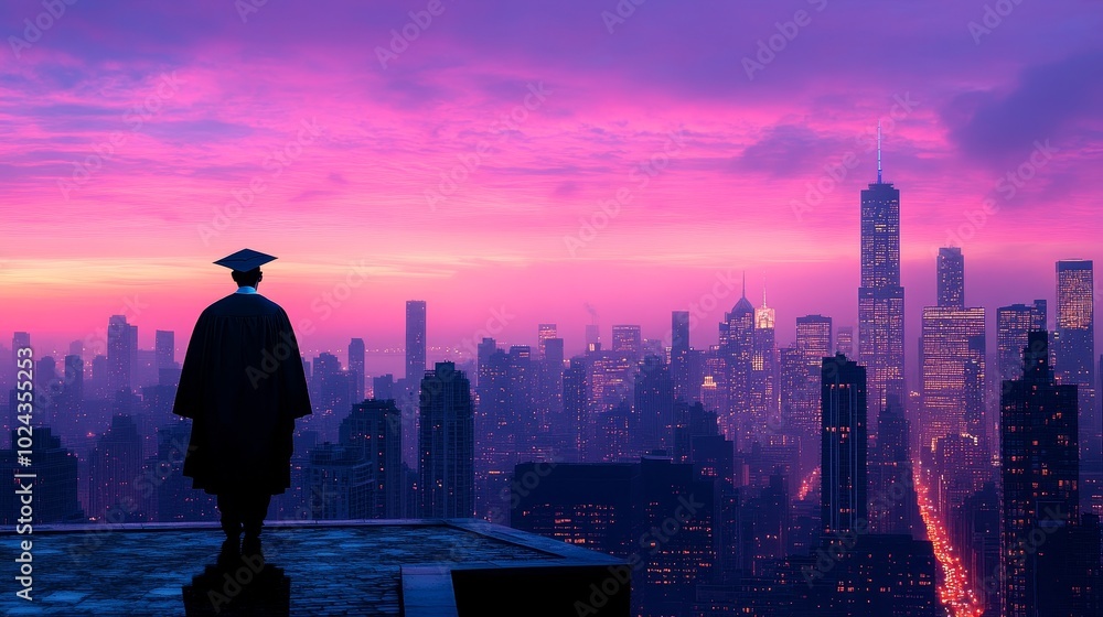Silhouette of a graduate merged with a glowing city skyline at dusk, representing the journey from education to urban success, horizontal layout with space for text Silhouette of a graduate merged with a glowing city skyline at dusk, representing the journey from education to urban success, horizontal layout with space for text