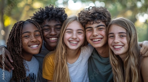 Joyful Interethnic Teenage Friends Embracing and Laughing in Park Setting After School