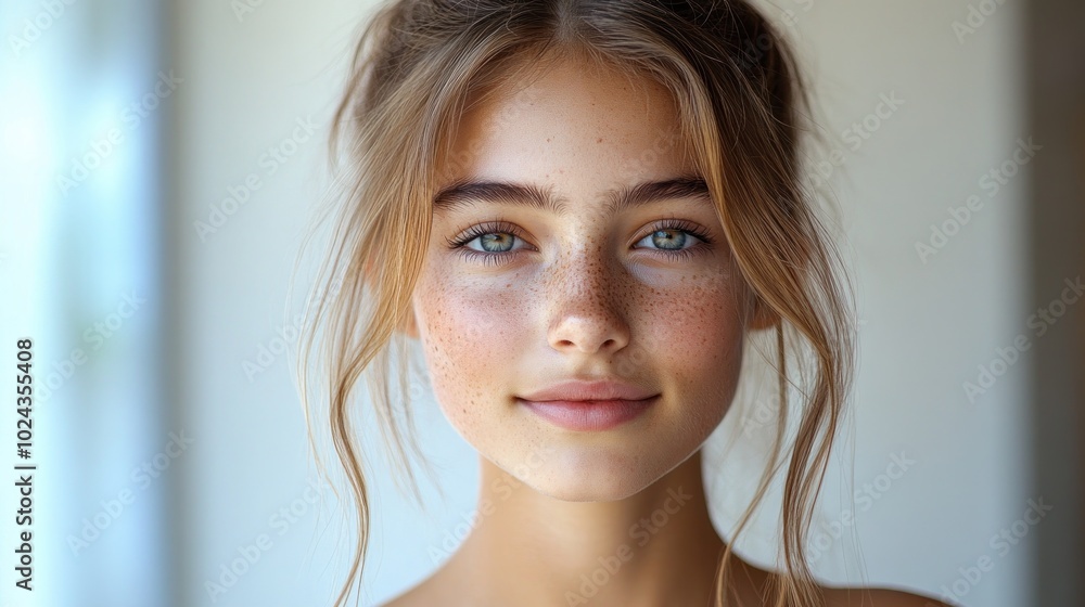 A young woman with freckles and blue eyes smiles gently at the camera. A young woman with freckles and blue eyes smiles gently at the camera.