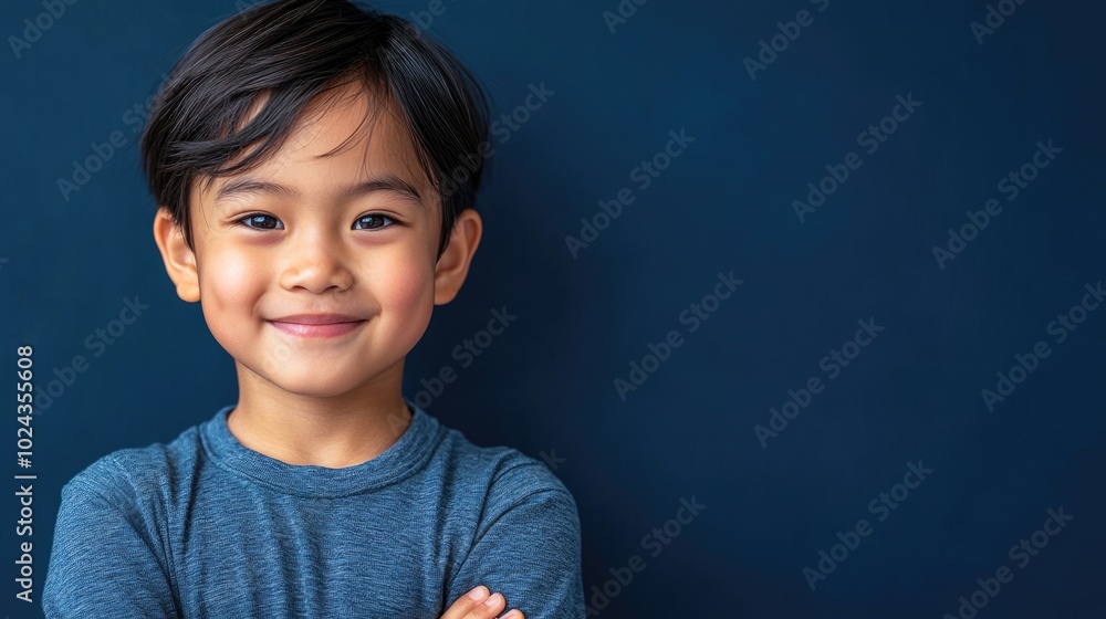 Joyful Young Asian Boy Standing Against Vibrant Navy Blue Background Joyful Young Asian Boy Standing Against Vibrant Navy Blue Background