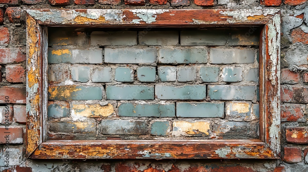 Weathered Wooden Frame Embedded in Brick Wall Weathered Wooden Frame Embedded in Brick Wall
