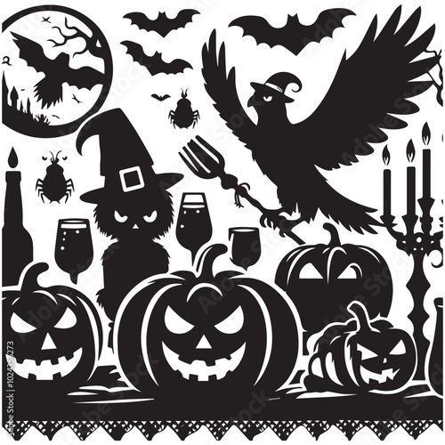 Halloween clip art set showcasing various spooky elements like witches, skeletons, and festive decorations