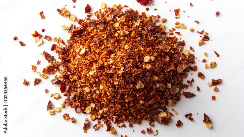 Top-down macro shot of crushed chili flakes and dry paprika with intense red tones against a white backdrop Top-down macro shot of crushed chili flakes and dry paprika with intense red tones against a white backdrop
