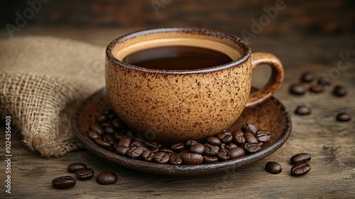 Coffee Cup Surrounded by Coffee Beans on a Wooden Table