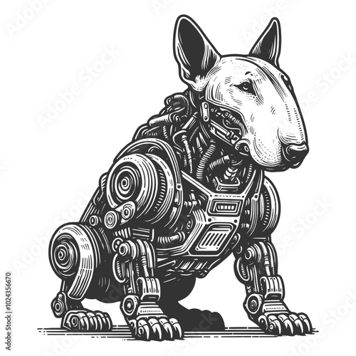 robotic dog featuring intricate mechanical elements, gears, and circuits in a futuristic design sketch engraving generative ai vector illustration. Scratch board imitation. Black and white image.