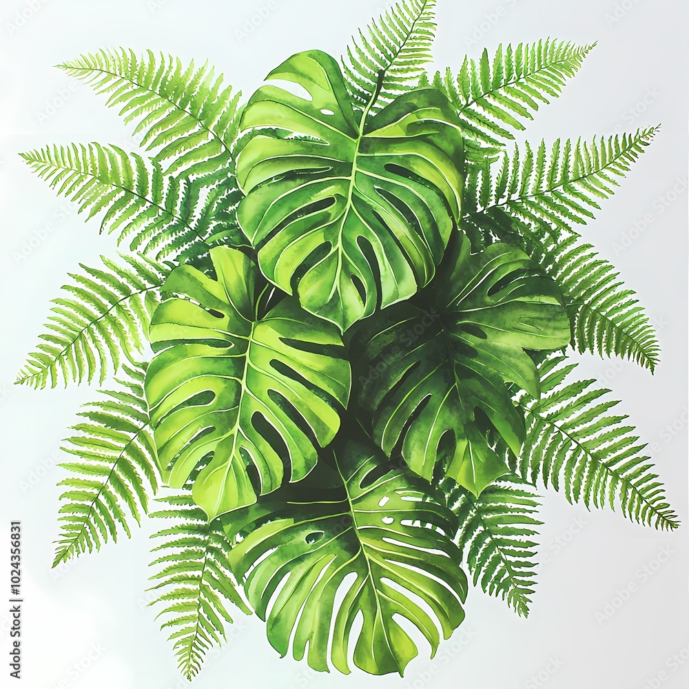 Elegant Tropical Leaves Arrangement in Watercolor Style Elegant Tropical Leaves Arrangement in Watercolor Style
