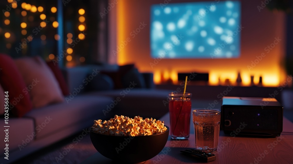 Cozy Movie Night at Home with Popcorn and Drinks Cozy Movie Night at Home with Popcorn and Drinks