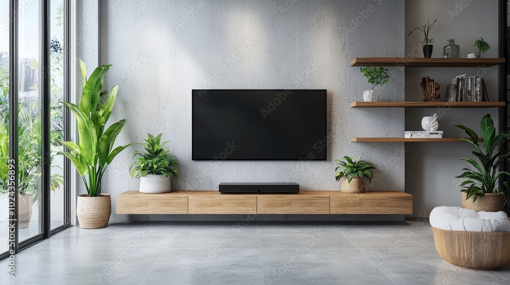 Serene Minimalist Living Room with Floating Shelf TV Unit and Concrete Flooring Serene Minimalist Living Room with Floating Shelf TV Unit and Concrete Flooring